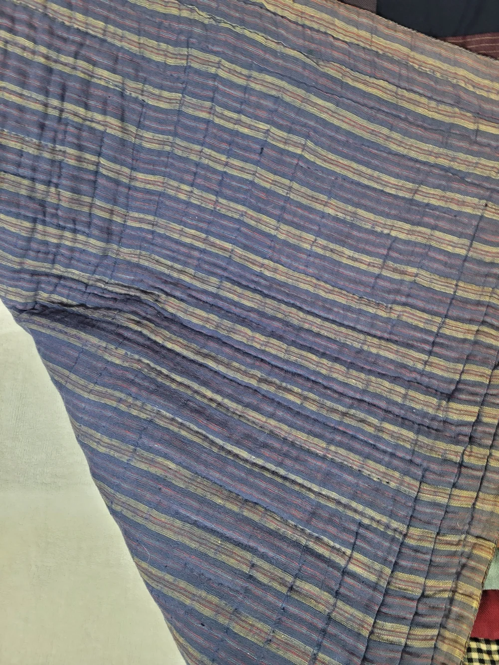 Artisanal Multicolor Log Cabin Quilt - Deep Navy, Burgundy & Olive Accents
